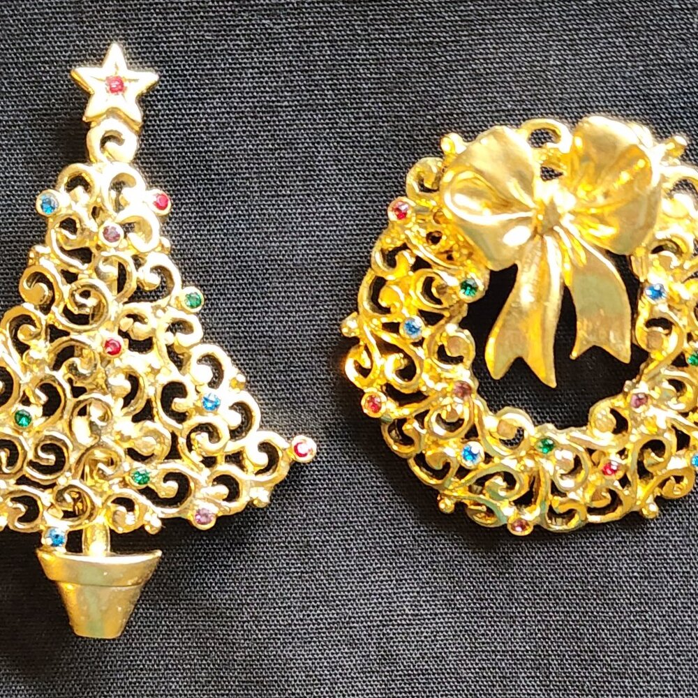Vtg Robyn Rush Christmas Wreath RR USA & Christmas Tree Brooch Pin Rhinestones